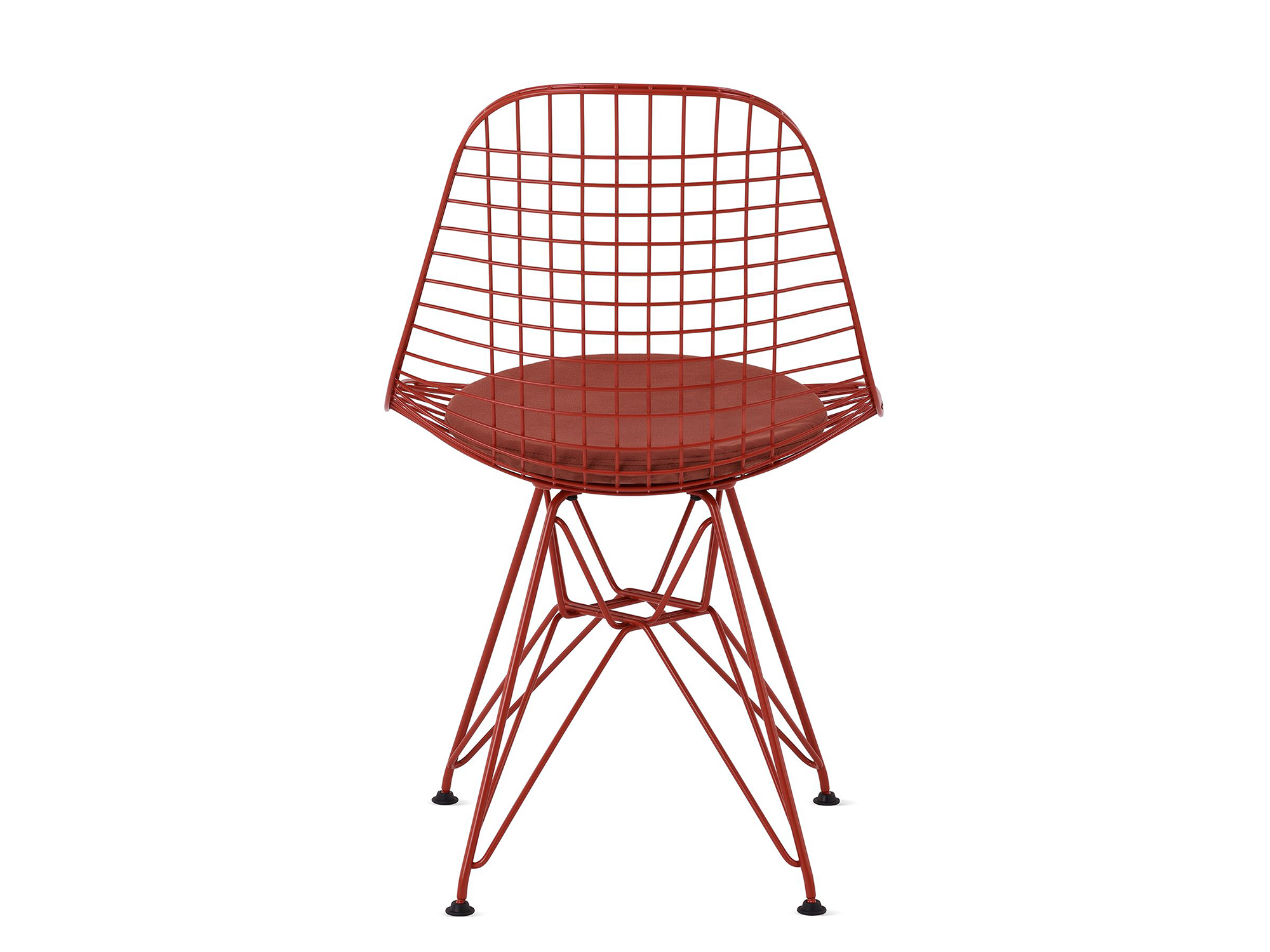 Iron red wire upholstered chair with wire base back view